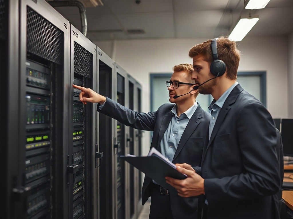 Documentary photo of two colleagues in a small French company server room